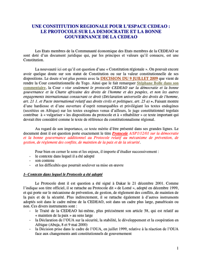 Commentaires sur le protocole de la CEDEAO sur la bonne gouvernance, la démocratie et la prévention des conflits